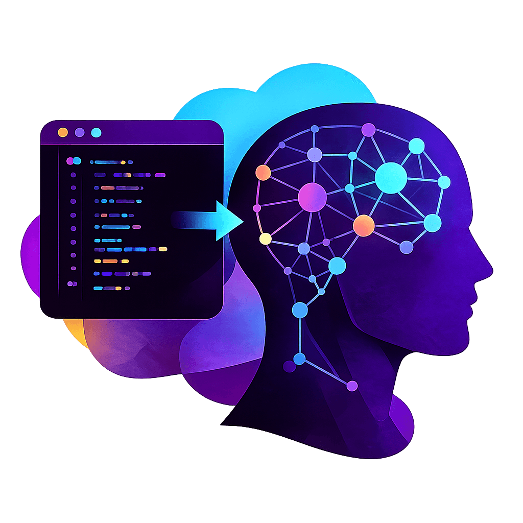 Silhouette of a head with a neural-network brain linked to a code editor