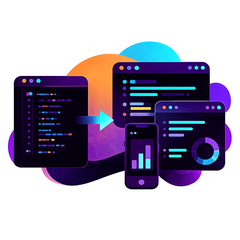 Illustration of legacy code being modernized across devices