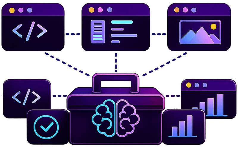 Toolbox with AI brain connected to code, docs, and analytics